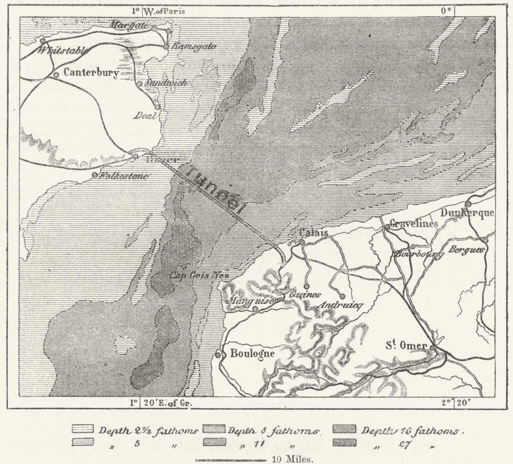 DOVER. Strait; Planned channel Tunnel, sketch map c1885 old antique chart